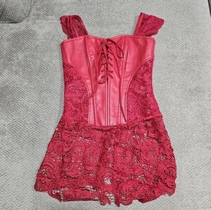 Red Leather And Lace Bustier Corset Style Top, Zipper In Back, Small